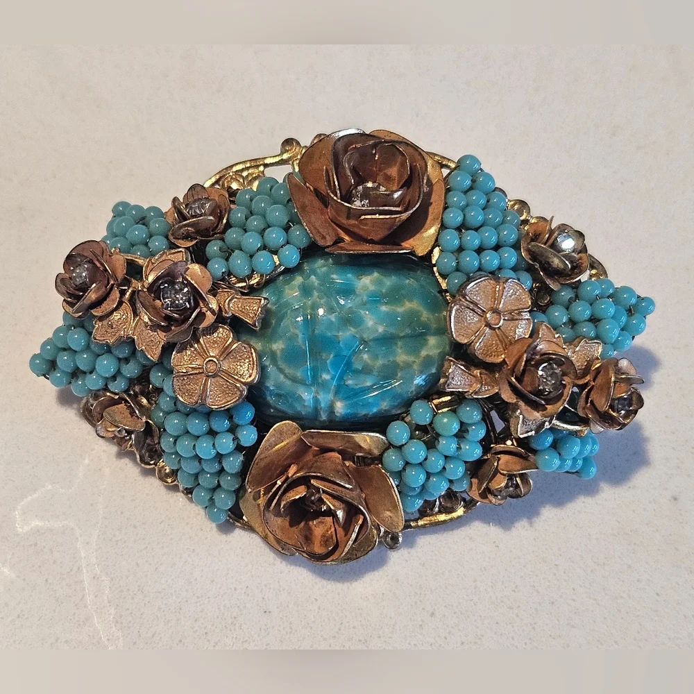 Vintage Miriam Haskell Floral Turquoise Glass Scarab Rhinestone Gold Brooch - Picture 1 of 7